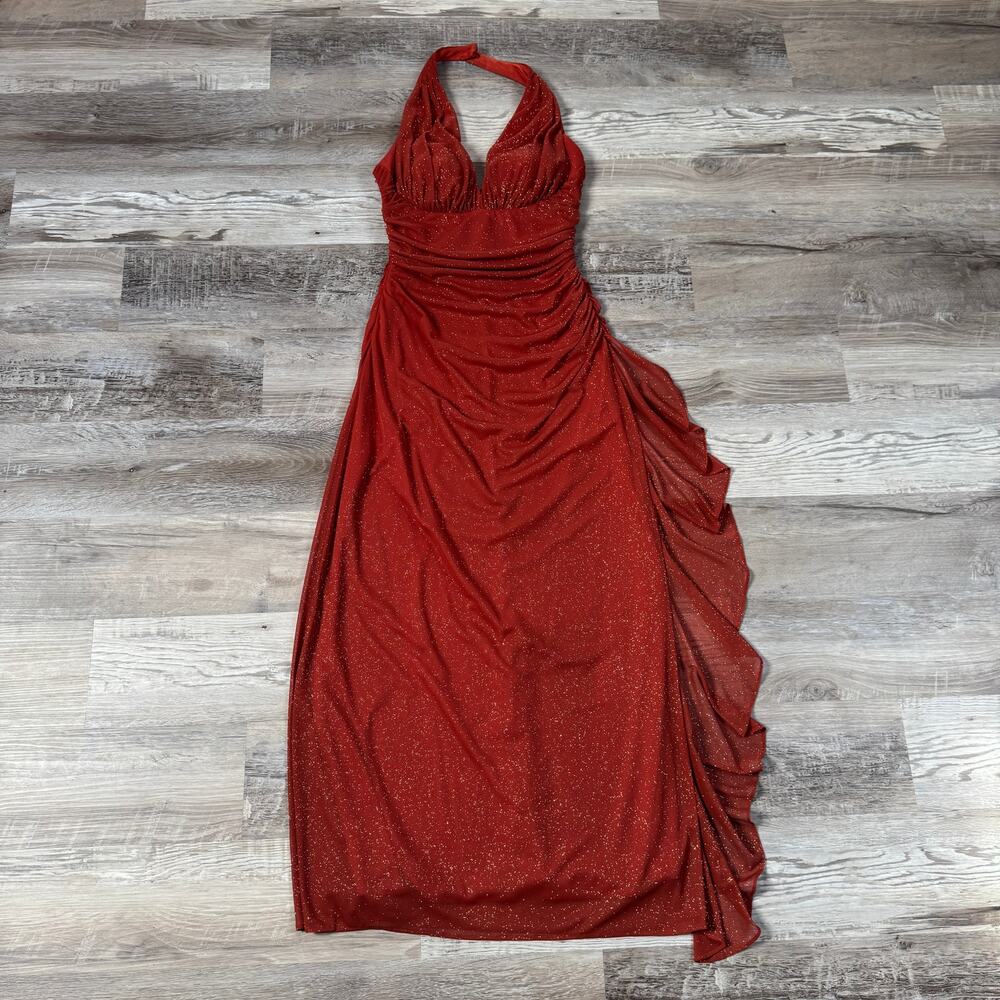 Vintage Y2K Caché Orange Glitter Halter Maxi Dress Ruffle Gown Homecoming 10